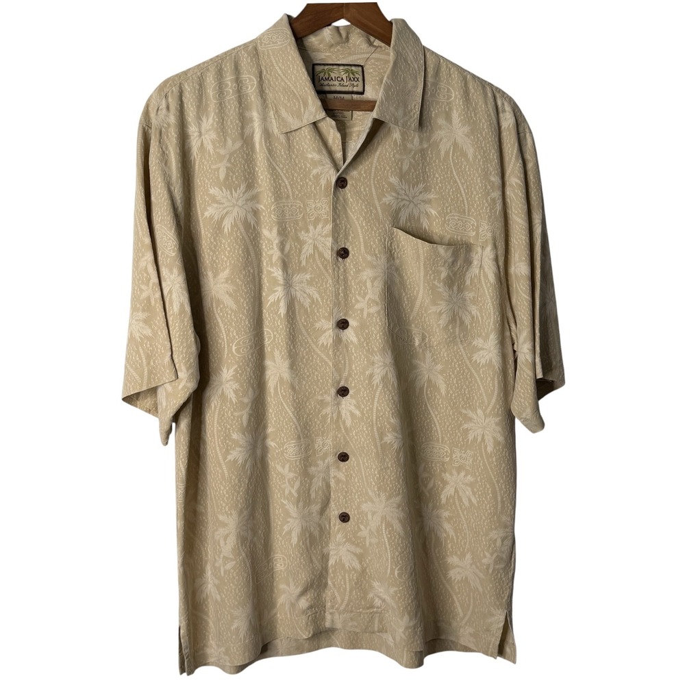 VTG Jamaica Jaxx Men Medium 100% Silk Tan Palm Tree Jacquard Hawaiian Camp Shirt